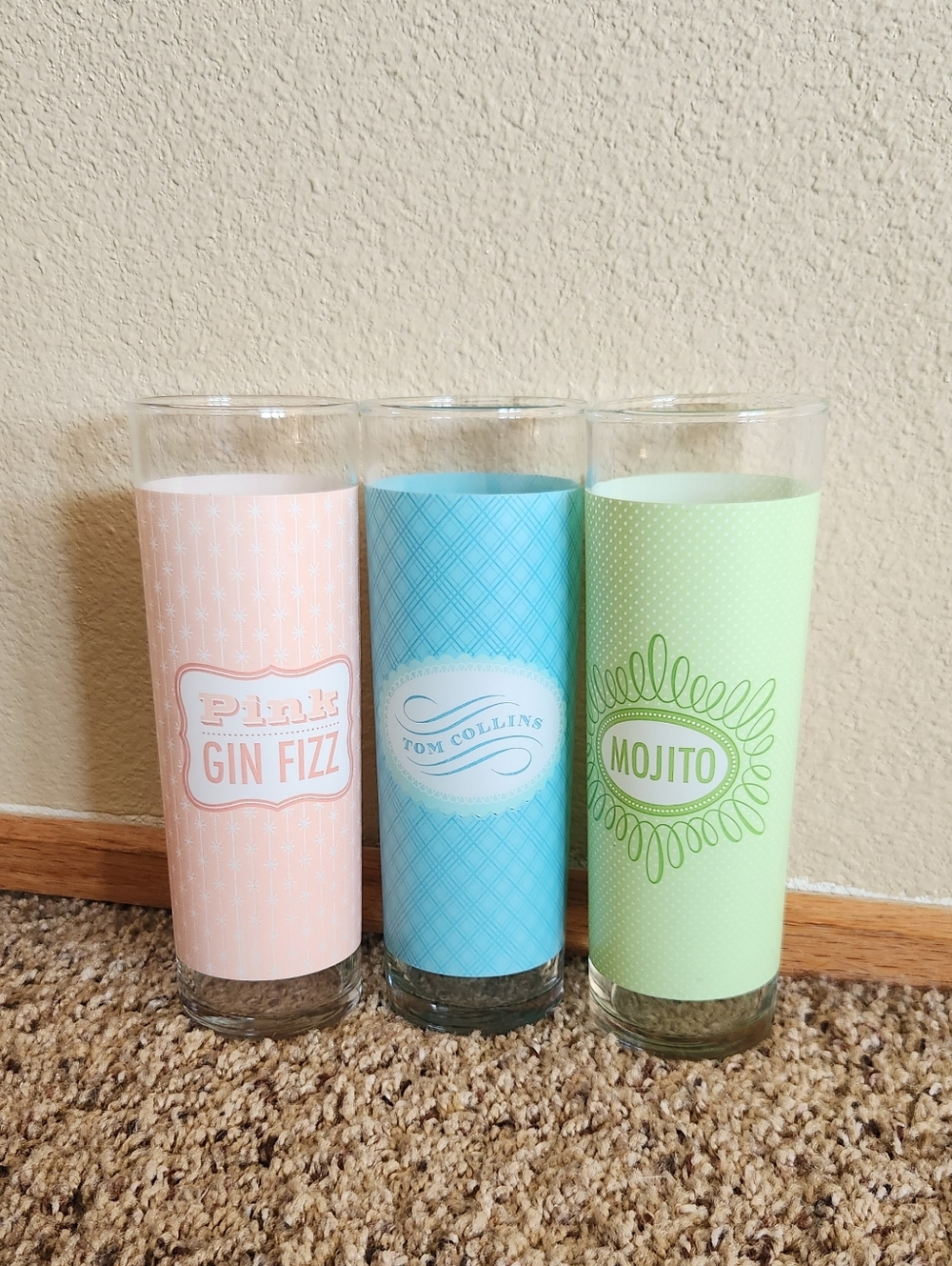 Set of 3 Martha Stewart Cocktail Glasses - Pink Gin Fizz,  Tom Collins, Mojito